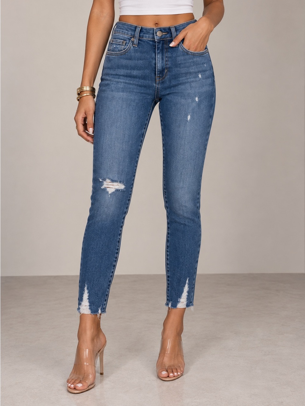 Joe's Jeans Medium Blue Skinny with Distressed Hem and Knee
